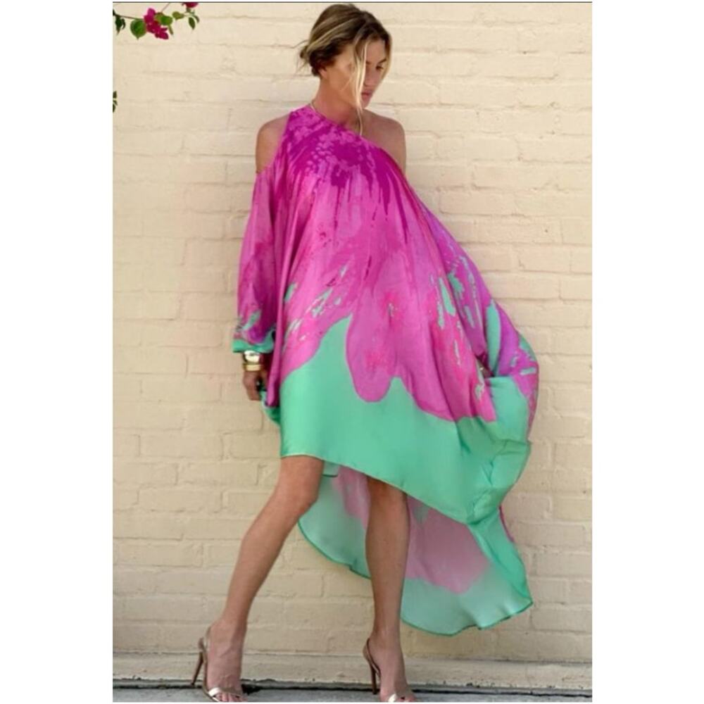Ramona LaRue RiRi Kaftan Dress Womens OS Magenta Green Hibiscus  Silky Boho
